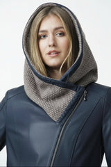 Damen Lederjacke tailliert in Lammnappa blau/beige mit Strickkapuze