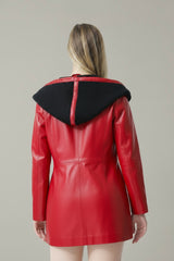 Damen Lederjacke tailliert in Lammnappa Rot/schwarz mit Strickkapuze