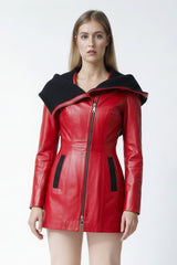 Damen Lederjacke tailliert in Lammnappa Rot/schwarz mit Kapuze gestrickt