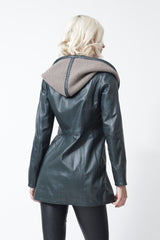 Damen Lederjacke tailliert in Lammnappa Petrol/Beige mit Kapuze gestrickt