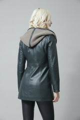 Damen Lederjacke tailliert in Lammnappa Petrol/Beige mit Kapuze gestrickt