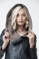 Damen Lederjacke tailliert in Lammnappa Petrol/Beige mit Kapuze gestrickt