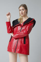 Damen Lederjacke tailliert in Lammnappa Rot/schwarz mit Strickkapuze