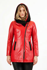 Damen Lederjacke tailliert in Lammnappa Rot/schwarz mit Kapuze gestrickt