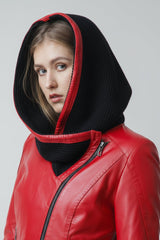 Damen Lederjacke tailliert in Lammnappa Rot/schwarz mit Kapuze gestrickt