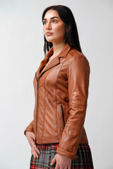 Kurze taillierte Damen Lederjacke aus Lammnappa in cognac vintage look