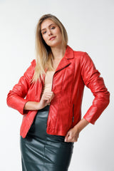 Kurze taillierte Damen Lederjacke aus Lammnappa in rot vintage look
