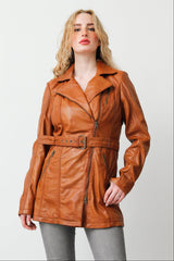 Taillierte Damen Lederjacke Lammnappa in Cognac Vintage Look mit Gürtel