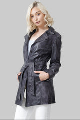 Damen Ledermantel mit Gürtel in Lammnappa Anthrazit vintage, Leder Schmidt Online