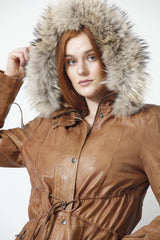 Damen Lederparka Lammnappa cognac mit abnehmbarer Kapuze und echten rotfuchsbesatz