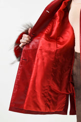 Lange Damen Lederjacke Rindnappa in rot mit Kapuze und Fellstreifen