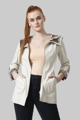 ausgefallene Damen Wendejacke aus Ziegenleder beige oder Printseite mit Kapuze