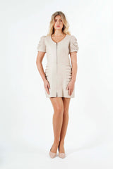 Damen Etui Lederkleid Lammnappa in Ivory mit Zwei-Weg-Frontreißverschluss