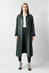 dünner Damen Ledermantel in Ziegenleder mit Schalkapuze zweifarbig und zwei Wege Reißverschluss