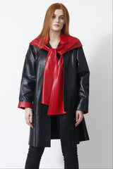 Damen Leder-Swinger mit Schalkapuze in Ziegennappa schwarz/rot