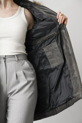 Damen Lederparka Lammnappa grau wattiert mit Kapuze und Pelzrand