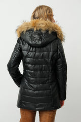 Kurzer Damen Lederparka gesteppt aus Lammnappa mit Kapuze in schwarz