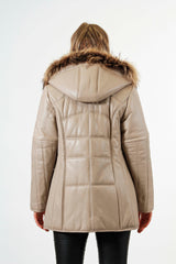 Damenlederparka aus Lammnappa in Ivory mit Volllederkapuze und Echten Fuchsstreifen