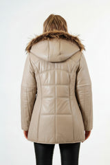 Damenlederparka aus Lammnappa in Ivory mit Volllederkapuze und Echten Fuchsstreifen