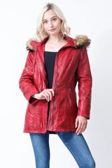 Damen Lederparka Lammnappa Rot Vintage Look mit Kapuze und Finnraccoonbesatz