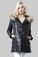 Exklusive längere Damenlederjacke schwarz feinste Qualität Echtpelzbesatz aus Finnraccoon