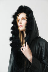 Damen Ledermantel mit Schalkapuze abnehmbar und zweifarbig und Zwei-Wege Reißverschluss