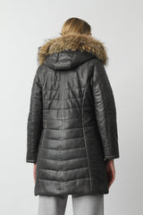 Damen Lederparka gesteppt Figurbetonter Passform in Grau aus Lammnappa Kapuze