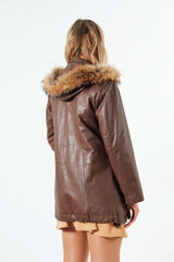 Damen Lederparka aus Lammnappa Zimt mit Kapuze und Finnraccoon Echtpelz