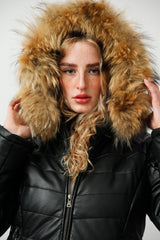 Kurzer Damen Lederparka gesteppt aus Lammnappa mit Kapuze in schwarz