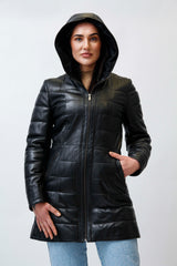 Gesteppter Damen Lederparka aus Soft Lammnappa in schwarz mit Kapuze