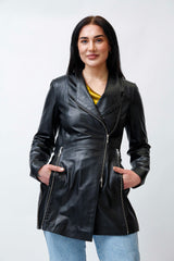 lange Damen Lederjacke schwarz aus echtem Lammnappa in taillierter Passform