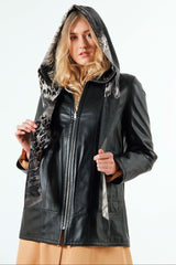 Lange Damen Lederjacke Lammnappa zum wenden mit Schalkapuze in schwarz