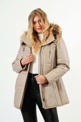 Damenlederparka aus Lammnappa in Ivory mit Volllederkapuze und Echten Fuchsstreifen