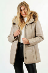 Damenlederparka aus Lammnappa in Ivory mit Volllederkapuze und Echten Fuchsstreifen