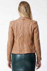 Kurze echte Damen Lederjacke aus Lammnappa Cognac im Vintage Look tailliert