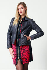 Kurze Damen Lederjacke Lammnappa tailliert in dunkel Blau vintage Look