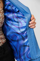 Kurze Blaue Damen Lammnappa Lederjacke tailliert mit asymmetrischen Reißverschluss