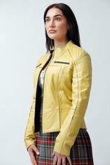 Kurze dünne Damen Lammnappa Lederjacke in Yellow mit Stehkragen tailliert