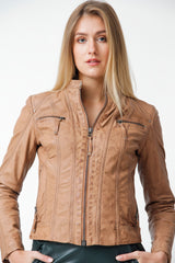 Kurze echte-Damen Lederjacke aus Lammnappa Cognac im Vintage Look tailliert