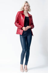 Kurze duenne Damen Lederjacke aus Lammnappa rot tailliert ohne Wattierung