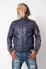 Herren Lammnappalederjacke Daytona Blau mit Kontraststreifen weiss rot und Stehkragen
