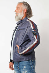 Herren Lammnappalederjacke Daytona Blau mit Kontraststreifen weiss rot und Stehkragen