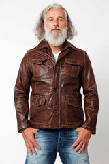 Halblange Herren Lederjacke aus Lammnappa Braun vintage Look