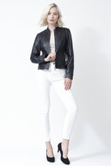 Damen Kurz Lederjacke federleicht mit Stehkragen in Lammnappa schwarz