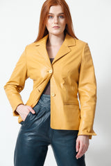 Kurze Damen Lederjacke als Blazer tailliert aus Lammnappa in Gelb