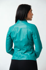 Kurze Damen Lederjacke Lammnappa zum wenden in Türkis mit Stehkragen