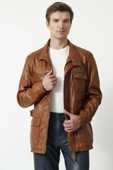 Lange echte Herren Lederjacke in Lammnappa cognac vintage Look viele Taschen