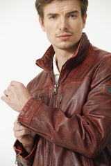Herren Lederjacke mit Stehkragen Lammnappa in dunkel Rot used Look