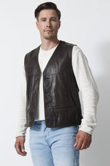 Herren Weste in Lammnappa dunkelbraun mit Knöpfe und viele Taschen