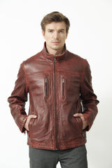 Herren Lederjacke mit Stehkragen Lammnappa in dunkel Rot used Look
